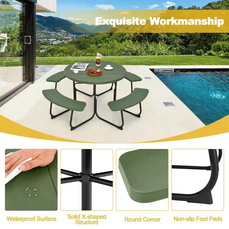 Costway Set Tavolo da Picnic Rotondo da Esterno a 8 Posti con 4 Panche e Foro per Ombrellone Nero/Grigio/Verde/Bianco