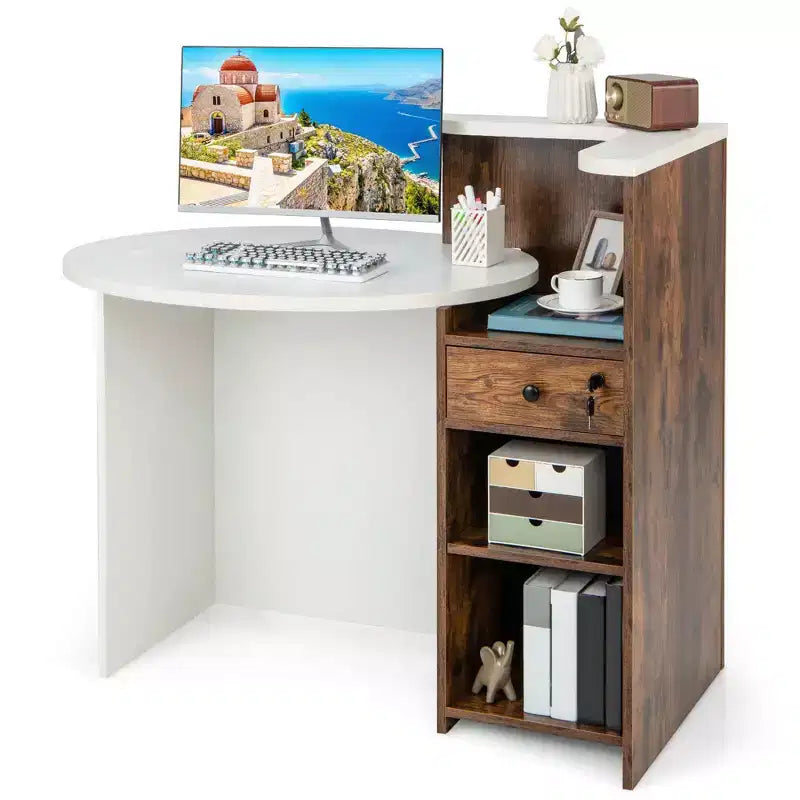 Costway Bancone per Reception, Scrivania da Ufficio con Ripiano Aperto e Cassetto con Serratura, Bianco/Marrone/Nero
