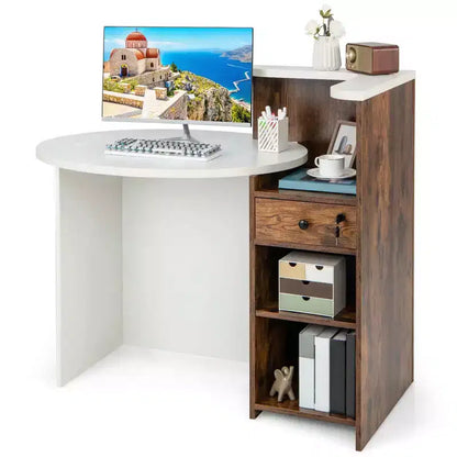 Costway Bancone per Reception, Scrivania da Ufficio con Ripiano Aperto e Cassetto con Serratura, Bianco/Marrone/Nero