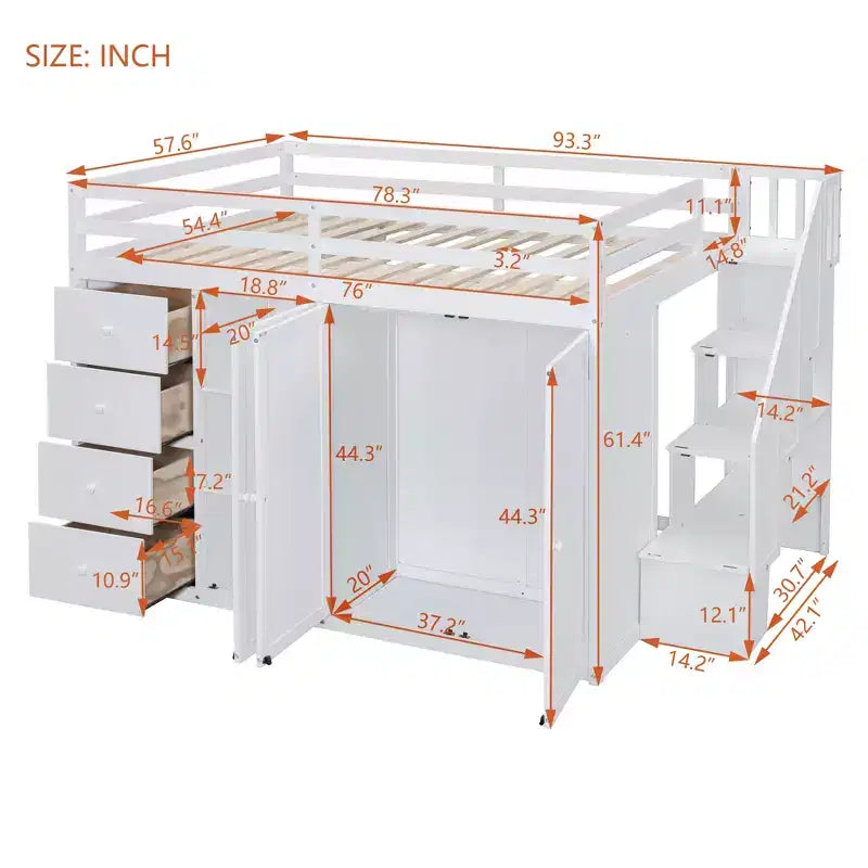 Letto a soppalco intero in pile orsetto con mensola portaoggetti e cassetti, letto a soppalco alto in legno con scrivania versatile per camera da letto