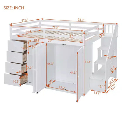 Letto a soppalco intero in pile orsetto con mensola portaoggetti e cassetti, letto a soppalco alto in legno con scrivania versatile per camera da letto