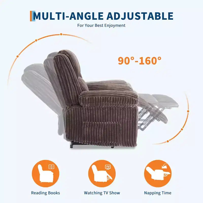 Poltrona reclinabile in velluto a coste, Divano reclinabile manuale con maniglia, Braccioli imbottiti, Imbottitura spessa, Tasca laterale, Soggiorno, Camera da letto, Home Theater, Grigio scuro