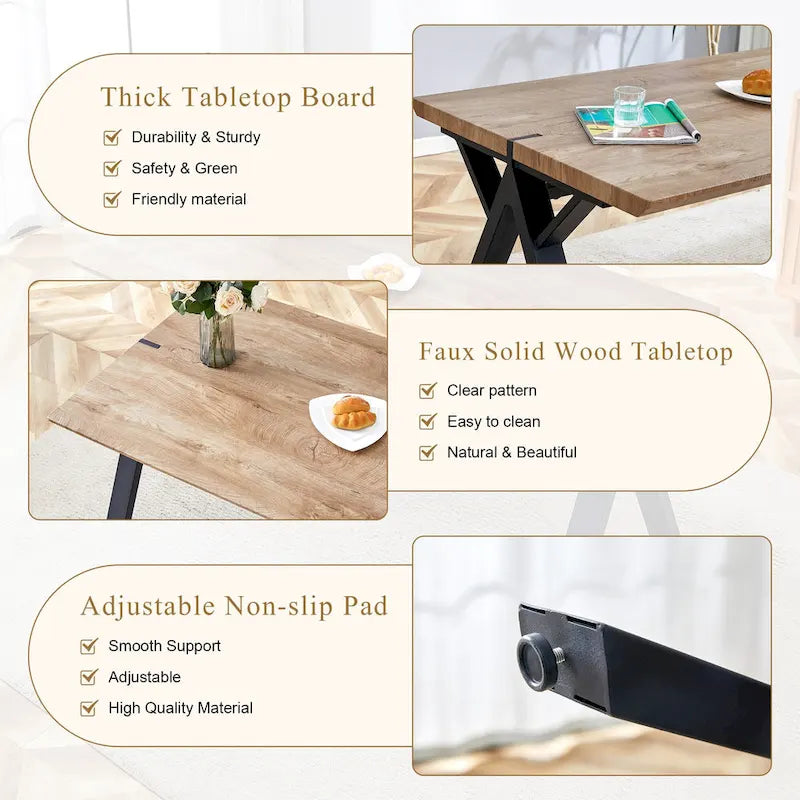Moderno set da pranzo con tavolo rettangolare nero con base a forma di A e sedie con schienale rotondo