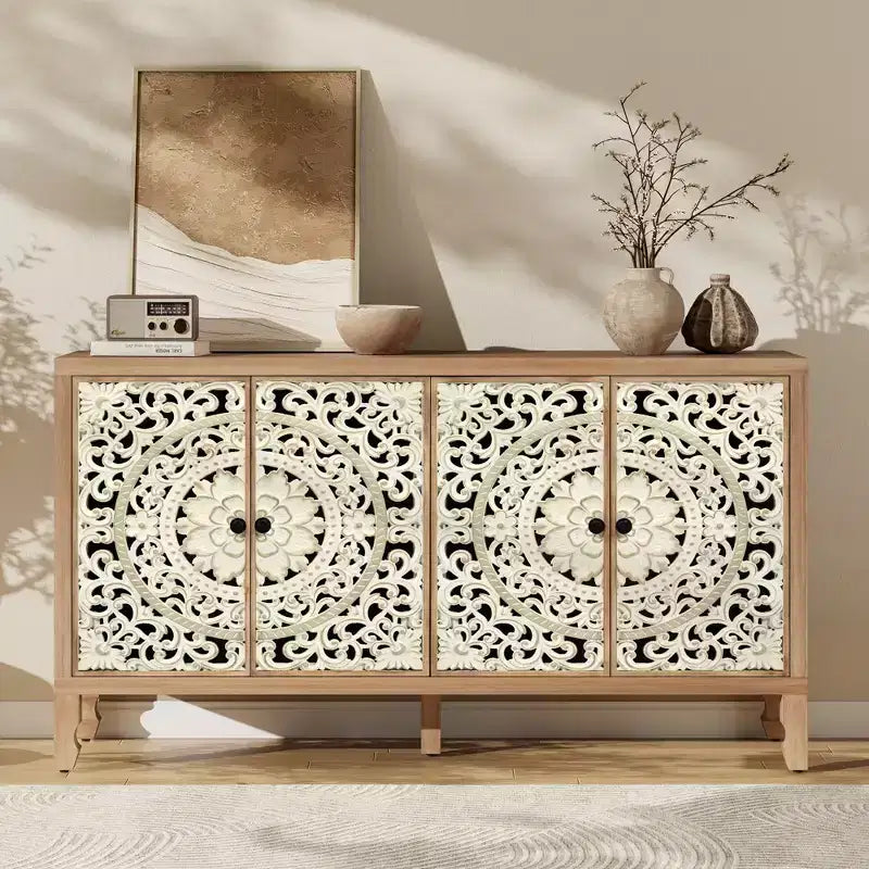 Credenza Buffet con Mobile Contenitore, Mobile Contenitore Effetto Invecchiato con 4 Ante Intagliate e Ripiano Regolabile, Credenze Buffet Laterali in Legno