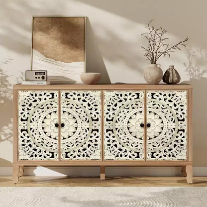 Credenza Buffet con Mobile Contenitore, Mobile Contenitore Effetto Invecchiato con 4 Ante Intagliate e Ripiano Regolabile, Credenze Buffet Laterali in Legno