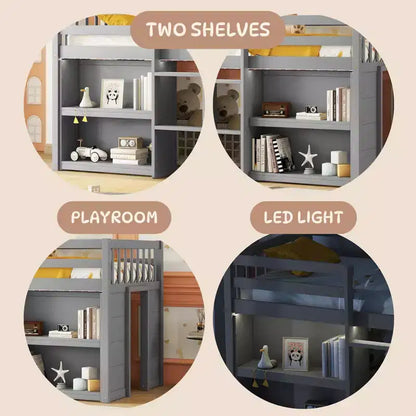 Whisen Letto a soppalco basso per bambini, dimensioni letto singolo, 79,8''L * 43,9''W, con due ripiani e luci LED