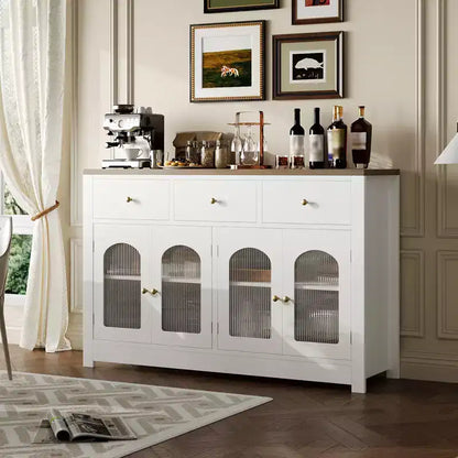Credenza stretta da 140 cm con 3 cassetti e 4 ante per cucina, sala da pranzo, soggiorno