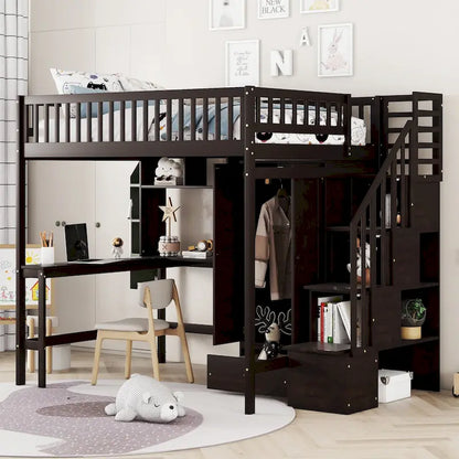 Letto a soppalco matrimoniale in pino con scrivania e contenitore