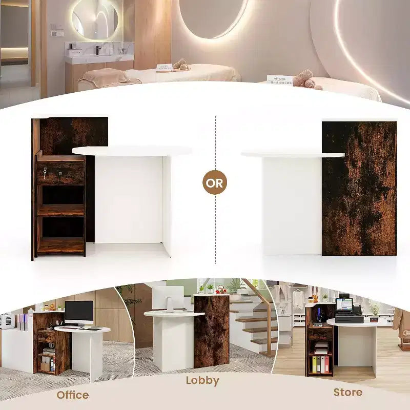Costway Bancone per Reception, Scrivania da Ufficio con Ripiano Aperto e Cassetto con Serratura, Bianco/Marrone/Nero
