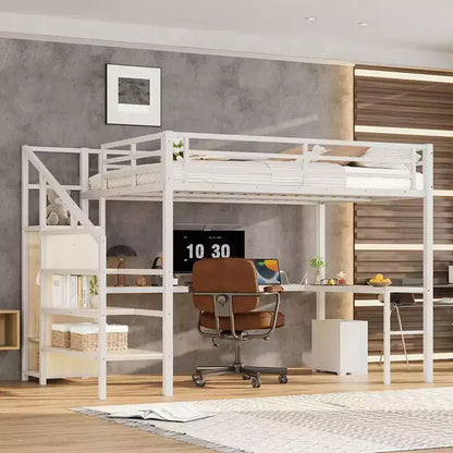Letto a soppalco Queen Size con scrivania a L e USB, Letto a soppalco in metallo con armadio e regolabile