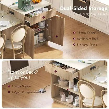 Îlot de cuisine cannelé avec table extensible, prise électrique et rangement double face