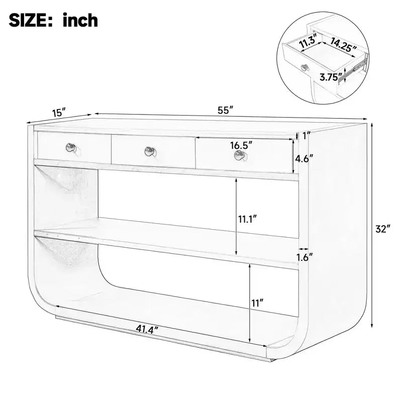ModernLuxe Tavolo curvo da ingresso, Tavolo consolle, Tavolino da divano, Espositore, Tavolino d'appoggio con 3 cassetti a chiusura ammortizzata e 2 ripiani aperti