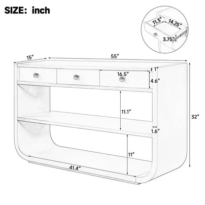 ModernLuxe Tavolo curvo da ingresso, Tavolo consolle, Tavolino da divano, Espositore, Tavolino d'appoggio con 3 cassetti a chiusura ammortizzata e 2 ripiani aperti