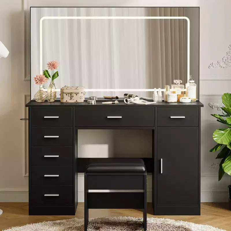 Toeletta Trucco con Specchio a LED a 3 Modalità e Prese di Ricarica, Grande Scrivania da Trucco con 7 Cassetti e Mobile Contenitore, Tavolo da Toeletta Moderno