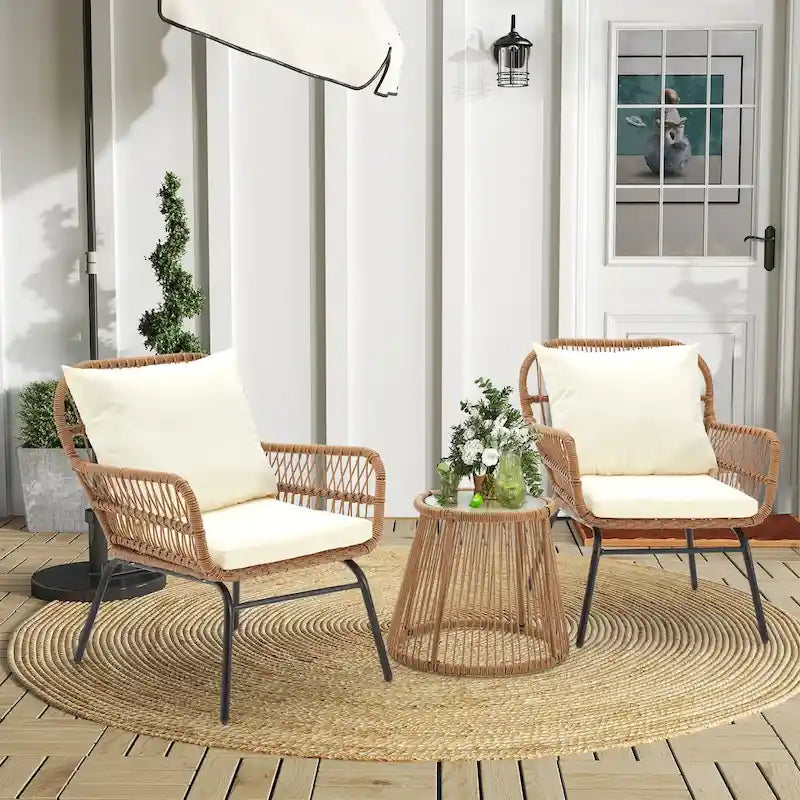 Set da Bistrot da Esterno in Rattan da 3 Pezzi, Set di Mobili da Giardino con Tavolo in Vetro e 2 Ampie Poltrone, Cuscini Inclusi