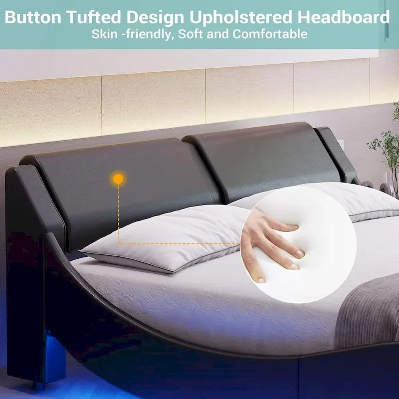 Letto a piattaforma moderno imbottito Queen con luci LED