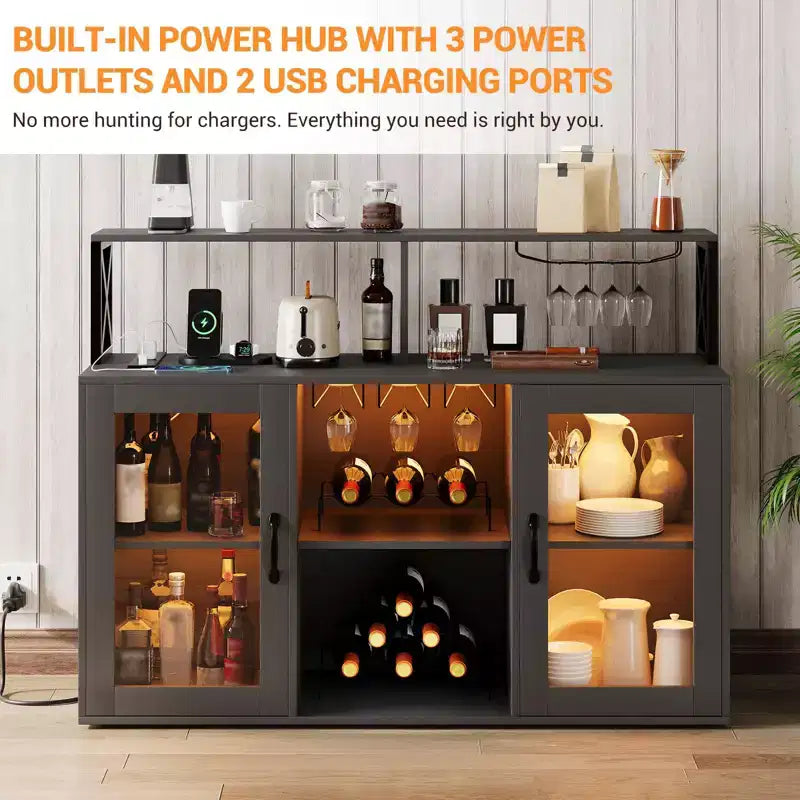 Mobile Bar per la Casa, Mobile Bar con Prese di Corrente, Porta Bicchieri, Mobile Vino con Vani Portaoggetti, Mobile Vino con Ripiani per Cucina e Casa