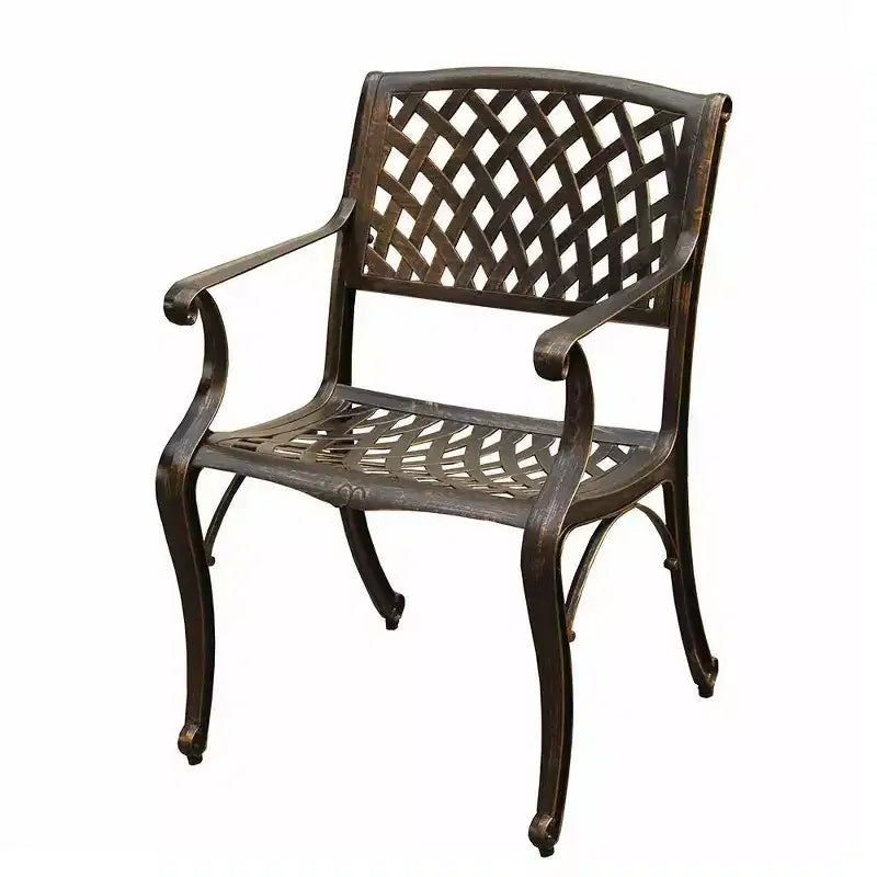 Set da pranzo da esterni da 7 pezzi con tavolo rotondo da 150 cm in alluminio a rete decorata, tradizionale e moderno-contemporaneo - Bronzo - Oakland Living