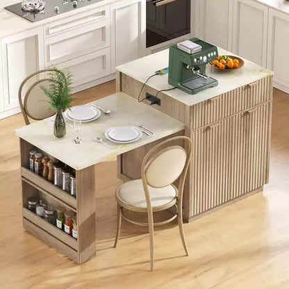 Îlot de cuisine cannelé avec table extensible, prise électrique et rangement double face