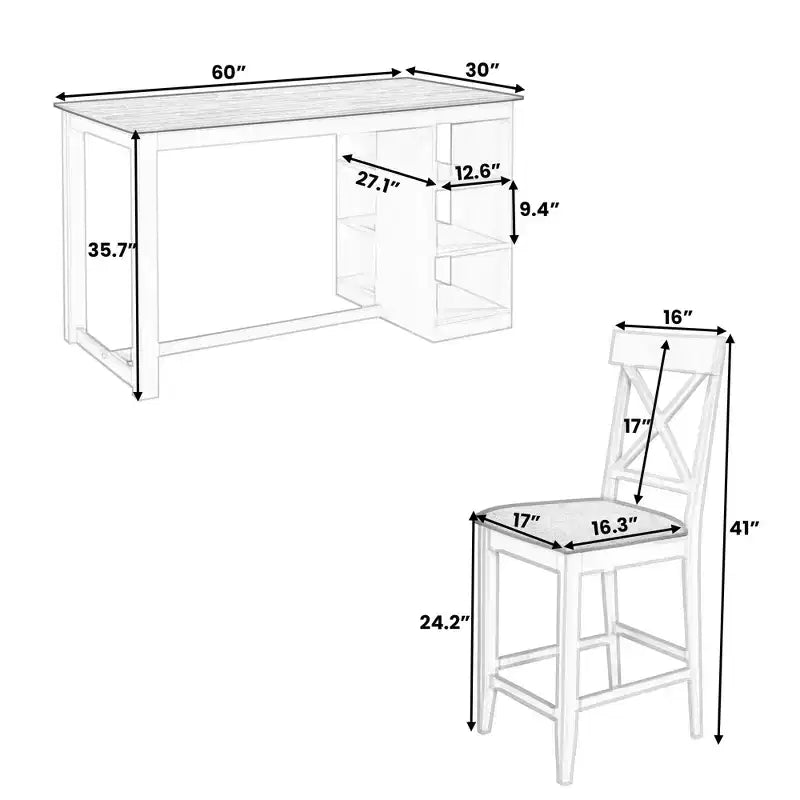 Set da pranzo a 5 pezzi in stile rustico ad altezza bancone per 4 persone, set da tavolo da bar in legno con ripiani e 4 sedie imbottite
