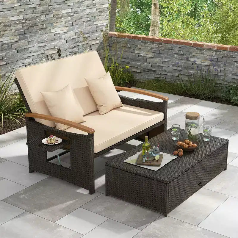Set divano letto in rattan per esterni Costway con divanetto imbottito e poggiapiedi contenitore per veranda Beige/Blu marino/Rosso/Turchese/Nero/Grigio