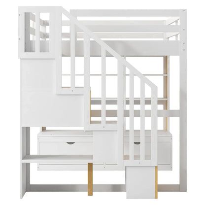 Letto a soppalco in legno massello naturale + bianco con scrivania e cassetti