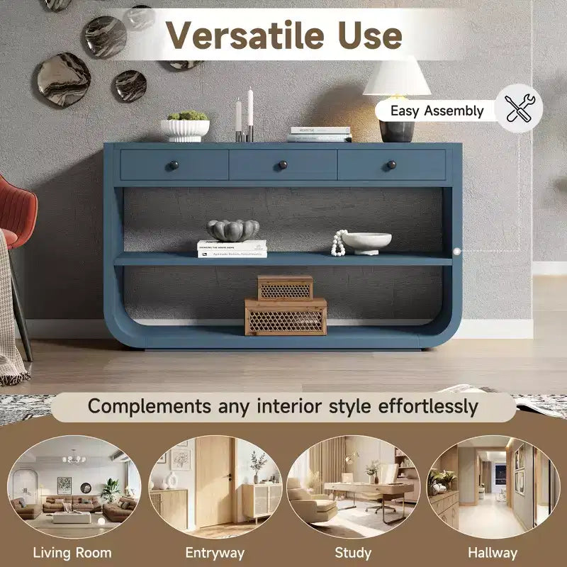 ModernLuxe Tavolo curvo da ingresso, Tavolo consolle, Tavolino da divano, Espositore, Tavolino d'appoggio con 3 cassetti a chiusura ammortizzata e 2 ripiani aperti