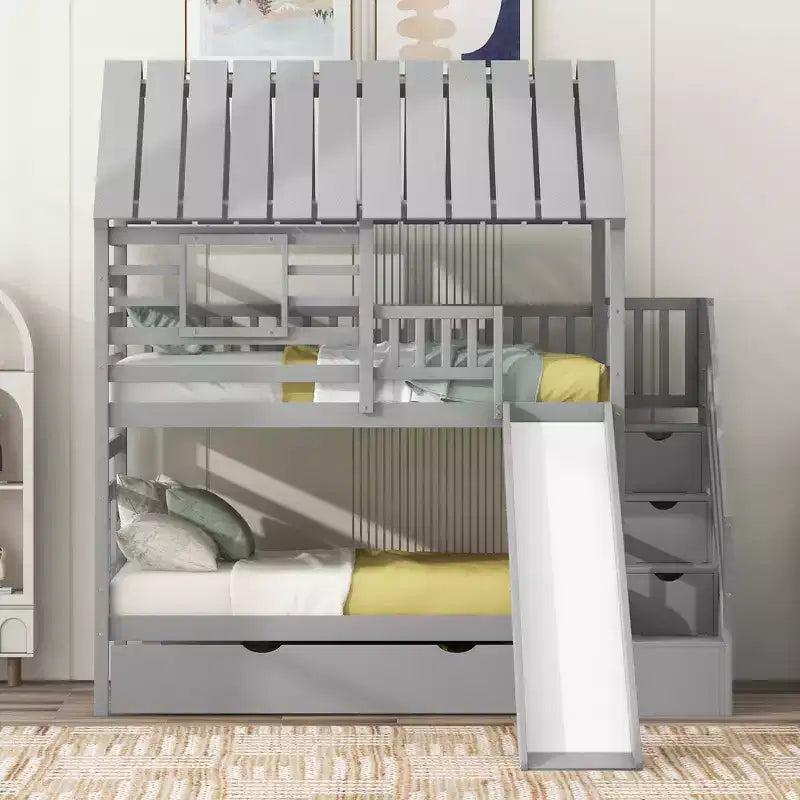 Letto a Castello Whisen Twin over Twin con Letto Estraibile e Scivolo, Scala Contenitore, Design Tetto e Finestra