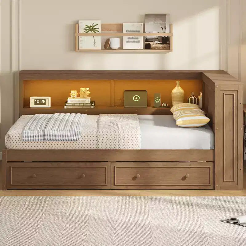 Letto angolare a grandezza naturale con cassetti portaoggetti, libreria, struttura letto a giorno in legno a forma di L con testiera a libreria per soggiorno