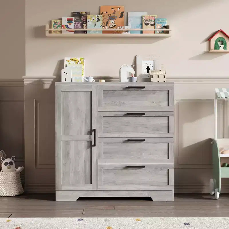 Armadio Guardaroba, 109,98 cm H, in Legno, con 4 Cassetti e Asta Appendiabiti, Rovere Naturale Grigio