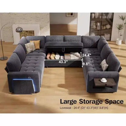 Divano componibile Dyonery a 8 posti a U con letto estraibile/schienale reclinabile/porte USB/tavolo/vano contenitore, montaggio senza attrezzi