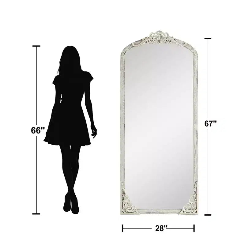 Specchio a figura intera (senza supporto) in legno massello intagliato a fiori, ad angolo retto, leggermente curvo, effetto invecchiato bianco