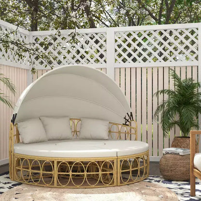 Outsunny Letto rotondo da esterno 4 pezzi con tettuccio, set mobili da giardino in rattan PE imbottito, bianco crema