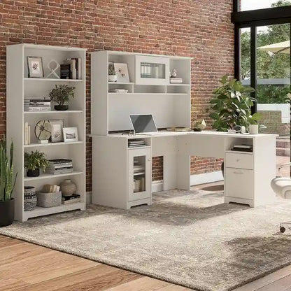 Bureau d'ordinateur en L de 60 pouces avec huche, bibliothèque à 5 étagères et tiroir classeur, capacité de 200 lb sur le bureau