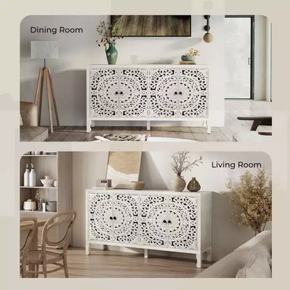 Credenza Buffet con Mobile Contenitore, Mobile Contenitore Effetto Invecchiato con 4 Ante Intagliate e Ripiano Regolabile, Credenze Buffet Laterali in Legno