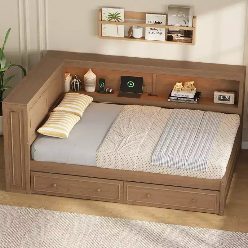 Letto angolare a grandezza naturale con cassetti portaoggetti, libreria, struttura letto a giorno in legno a forma di L con testiera a libreria per soggiorno
