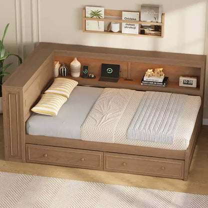 Letto angolare a grandezza naturale con cassetti portaoggetti, libreria, struttura letto a giorno in legno a forma di L con testiera a libreria per soggiorno