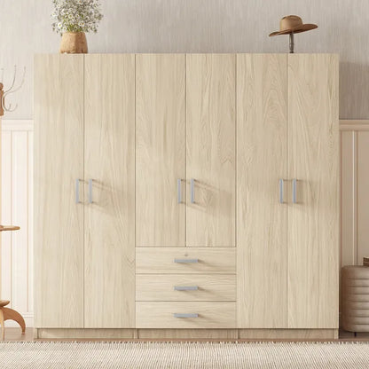 Armoire 6 portes en bois avec 3 grands tiroirs de rangement pour chambre à coucher
