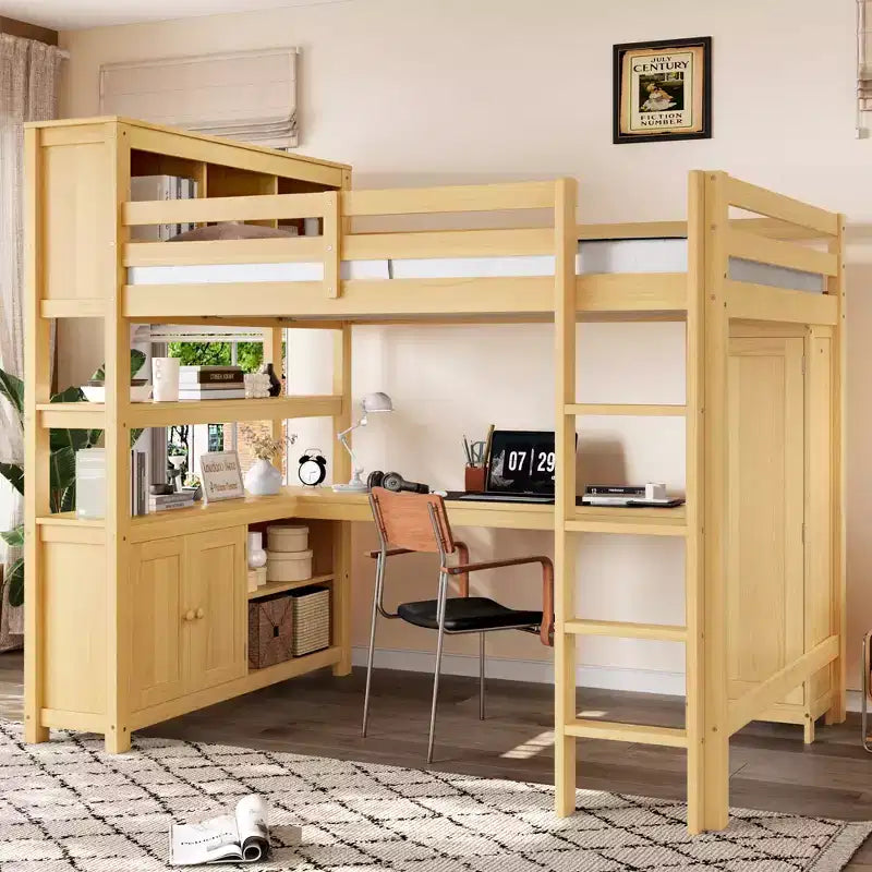 Letto a soppalco in legno con armadio e libreria, letto a soppalco Queen Size con guardaroba e scrivania per bambini, naturale