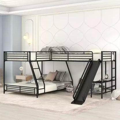 Letto a castello in metallo a una piazza e mezzo, letto a castello a L per 3 bambini, letto a castello triplo resistente con scrivania e scivolo, nero