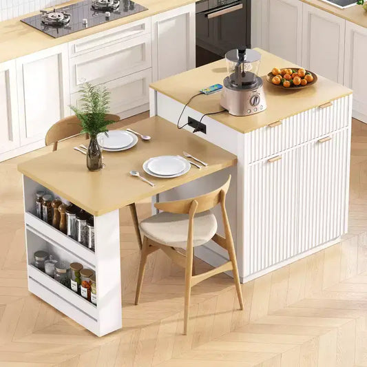 Isola da Cucina Scanalata con Tavolo Allungabile, Presa di Corrente e Contenitore a Doppio Lato