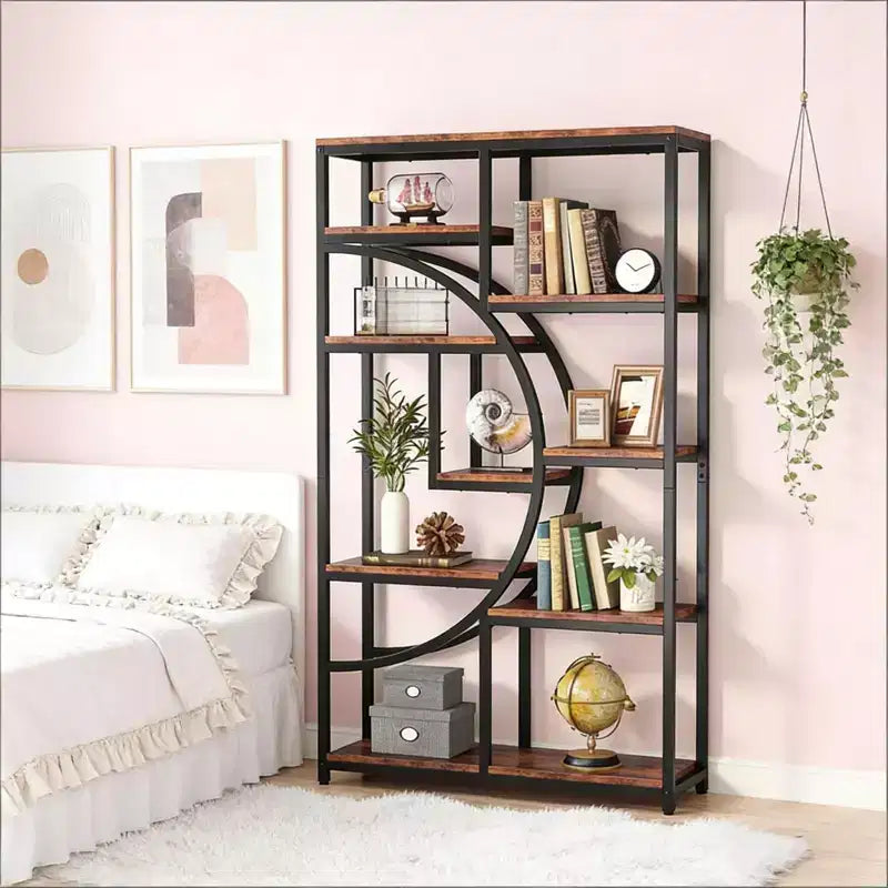 NAYSAYE Scaffale Geometrico da Terra in Metallo e Legno, Espositore a 9 Ripiani Industriale per Soggiorno Ufficio, Nero, 37.43*11.82*68.56