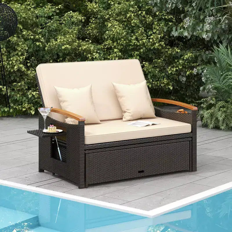 Set divano letto in rattan per esterni Costway con divanetto imbottito e poggiapiedi contenitore per veranda Beige/Blu marino/Rosso/Turchese/Nero/Grigio