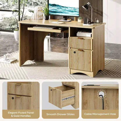Bureau d'ordinateur intelligent Bestier 55, bureau en chêne avec tiroirs de classement et prise de courant, bureau de direction avec rangement ouvert et tiroir à clavier
