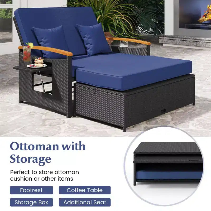 Set divano letto in rattan per esterni Costway con divanetto imbottito e poggiapiedi contenitore per veranda Beige/Blu marino/Rosso/Turchese/Nero/Grigio