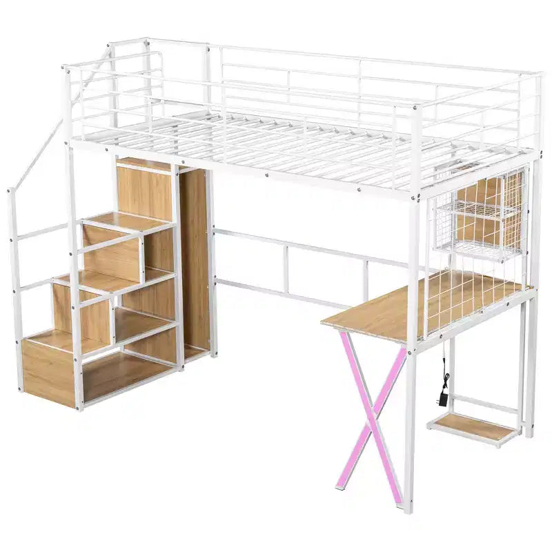 Lit mezzanine en métal Whisen 94''L x 40.9''W avec poste de travail intégré, armoire, escalier de rangement et LED, sécurité garantie