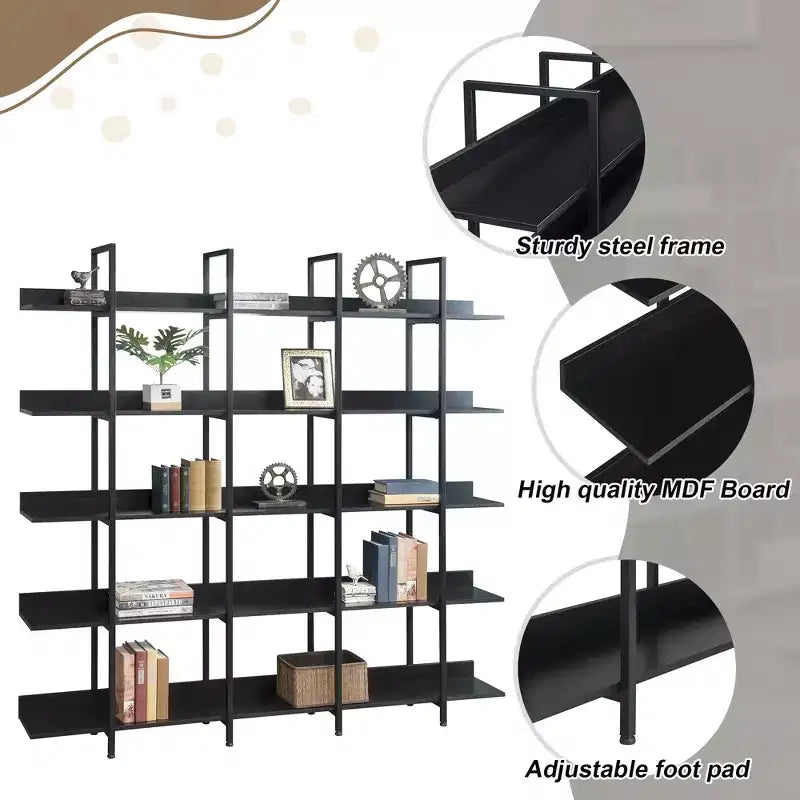 Étagère de style industriel vintage Whisen avec cadre en métal et panneau MDF, bibliothèque ouverte pour le bureau à domicile
