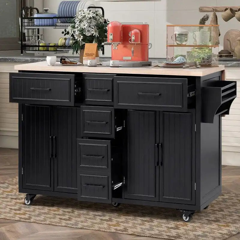 Isola per Cucina da 56,5 Pollici con Piano Ribaltabile e Stazione di Ricarica, Carrello da Cucina su Ruote con Cassetti e Ripiani Regolabili