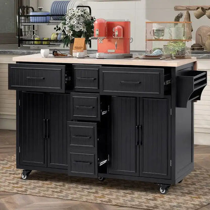 Isola per Cucina da 56,5 Pollici con Piano Ribaltabile e Stazione di Ricarica, Carrello da Cucina su Ruote con Cassetti e Ripiani Regolabili