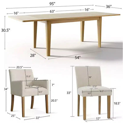 Set da pranzo da 9 pezzi con prolunga, include 6 sedie senza braccioli e 2 poltrone in lino neutro, gambe in legno massello, stile moderno-Panipeachy